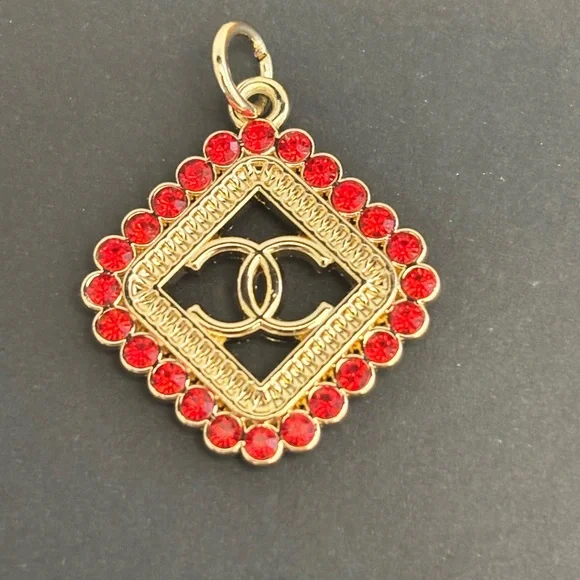 Upcycled CC Chanel Gold & Red Rhinestone Charm, Zipper Pull, Necklace 16 in. - Picture 3 of 7